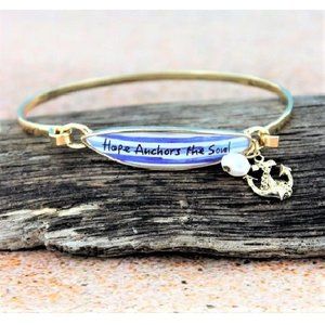 Bangle Bracelet. Hope Anchors The Soul. Gold, Blue, White. NWT.